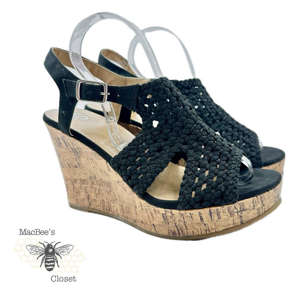 SO Taffy Wedge Heel Sandals Women's Woven Peep Toe With Cork Heel Size 8.5 Black